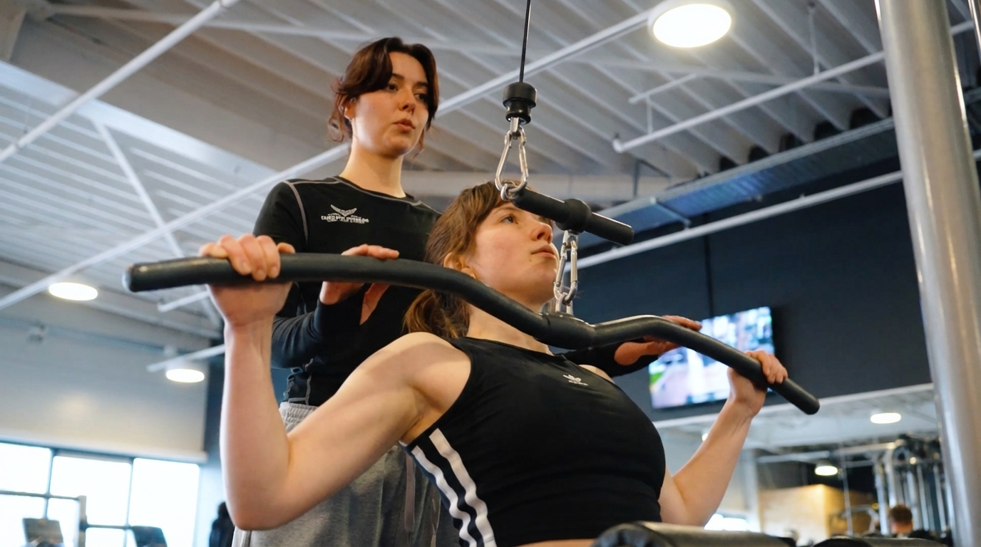 One Life Fitness trainer begeleidt een cliënte 1-op-1 aan de kabelmachine